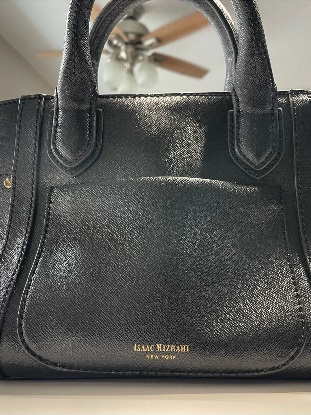 Isaac Mizrahi Black Saffiano Leather Mini Tote with Gold Accents